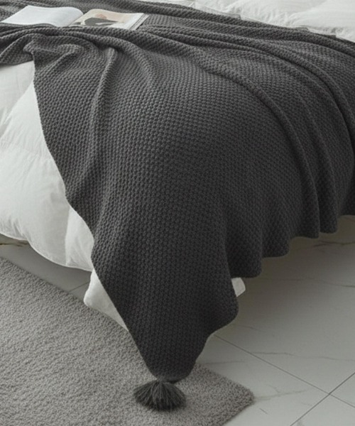 VIBGYOR（ヴィブジョー）の「LESRIRE/フリンジニットブランケット L9190（ブランケット・レディース・グレー/オレンジ/ベージュ/ホワイト・FREE）」の5枚目の写真