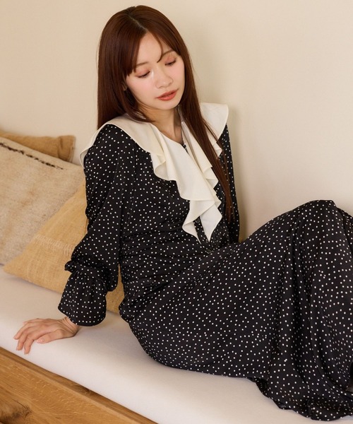mysty woman(ミスティウーマン)の「配色フリルワンピース 660048(ワンピース・レディース・ブラック系その他/ネイビー・FREE)」の2枚目の写真