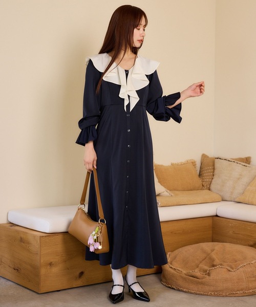 mysty woman(ミスティウーマン)の「配色フリルワンピース 660048(ワンピース・レディース・ブラック系その他/ネイビー・FREE)」の13枚目の写真