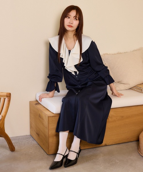mysty woman(ミスティウーマン)の「配色フリルワンピース 660048(ワンピース・レディース・ブラック系その他/ネイビー・FREE)」の15枚目の写真