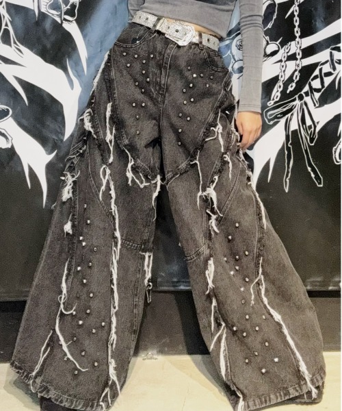 BACKSTAGE PASS】ストリート ダメージデニム 極太ワイドパンツ BACKSTAGE PASS（バックステージパス） カーゴパンツ CHRIS C(クリス C
