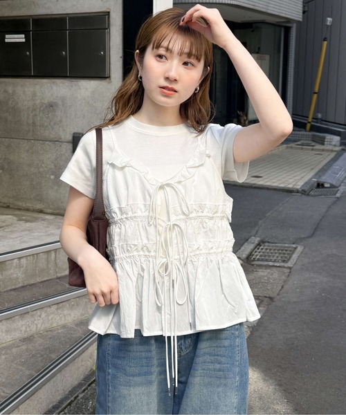 tiptop（ティップトップ）の「前後2wayリボン使いギャザーキャミブラウス（キャミソール・レディース・オフホワイト/ブラック/ブルー系その他/ホワイト系その他・FREE）」の6枚目の写真