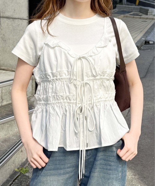 tiptop（ティップトップ）の「前後2wayリボン使いギャザーキャミブラウス（キャミソール・レディース・オフホワイト/ブラック/ブルー系その他/ホワイト系その他・FREE）」の7枚目の写真