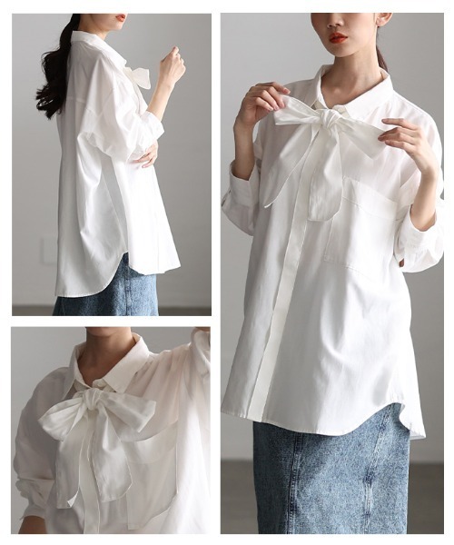 Sawa a la mode(サワアラモード)の「ボウタイ付きダンガリーロングシャツ(シャツ/ブラウス・レディース・ブラウン/ブルー/オフホワイト・FREE)」の20枚目の写真