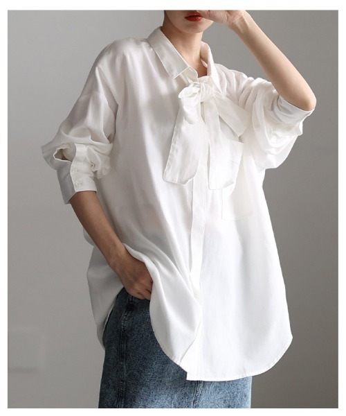 Sawa a la mode(サワアラモード)の「ボウタイ付きダンガリーロングシャツ(シャツ/ブラウス・レディース・ブラウン/ブルー/オフホワイト・FREE)」の21枚目の写真