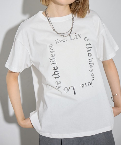 each(イーチ)の「箔プリントアソートロゴ半袖Tシャツ(Tシャツ/カットソー・レディース・イエロー/ホワイト/ブラック/ホワイト×シルバー/ブラック×シルバー/ブルー・FREE)」の14枚目の写真