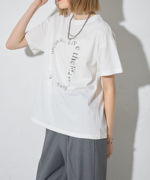 each(イーチ)の「箔プリントアソートロゴ半袖Tシャツ(Tシャツ/カットソー・レディース・イエロー/ホワイト/ブラック/ホワイト×シルバー/ブラック×シルバー/ブルー・FREE)」の16枚目の写真