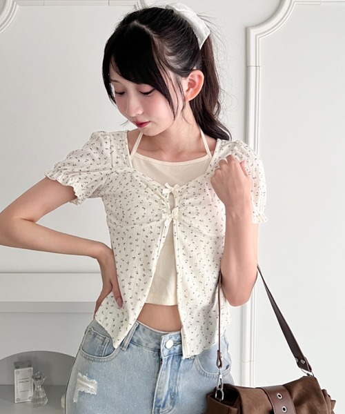 Loueme(ルエム)の「レイヤードフラワーリボントップス(Tシャツ/カットソー・レディース・ホワイト/アイボリー/ライトブルー・FREE)」の2枚目の写真