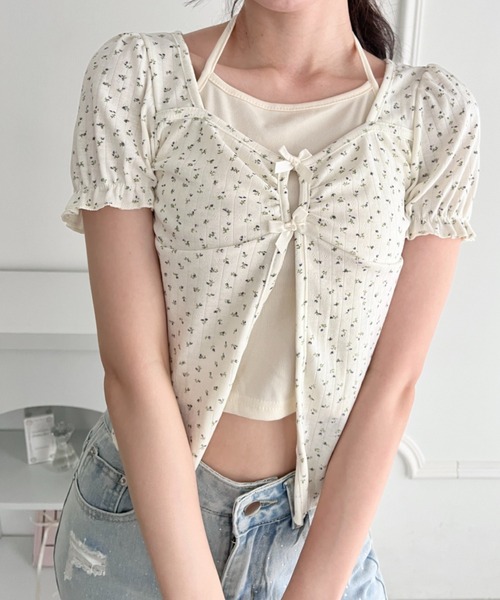 Loueme(ルエム)の「レイヤードフラワーリボントップス(Tシャツ/カットソー・レディース・ホワイト/アイボリー/ライトブルー・FREE)」の4枚目の写真