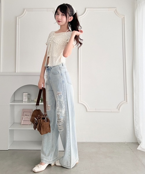 Loueme(ルエム)の「レイヤードフラワーリボントップス(Tシャツ/カットソー・レディース・ホワイト/アイボリー/ライトブルー・FREE)」の8枚目の写真