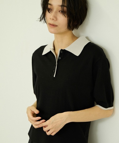 VICKY(ビッキー)の「レーヨンナイロン配色ニットポロ(ニット/セーター・レディース・ブラック/ライトグレー/オフホワイト・M)」の2枚目の写真