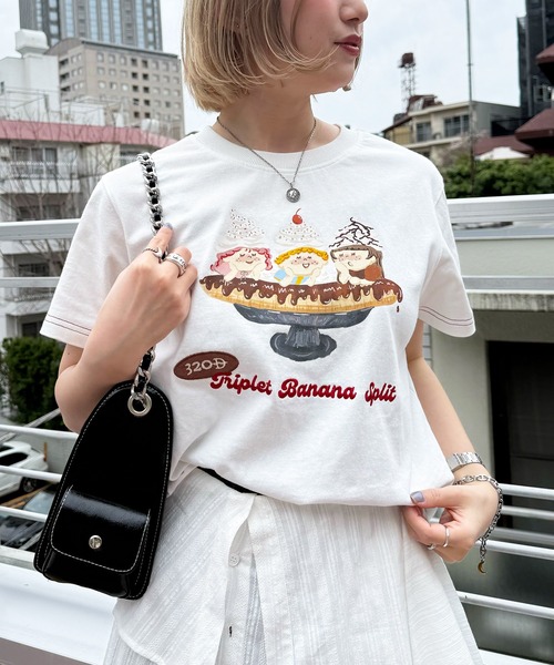 DOUBLE NAME(ダブルネーム)の「Triplet Banana Sprit TEE(Tシャツ/カットソー・レディース・オフホワイト/ピンク/ブラック系・FREE)」の14枚目の写真