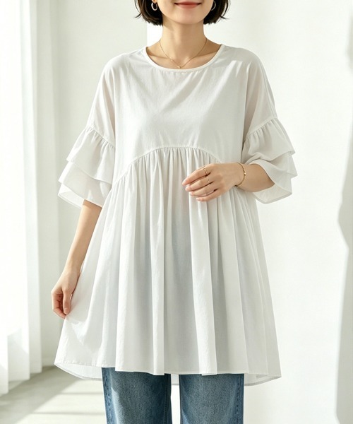 ONEP STAR(ワンピスター)の「フリルスリーブチュニックトップス(Tシャツ/カットソー・レディース・ダークブラウン/グリーン/ホワイト/オレンジ/ブラック・FREE)」の2枚目の写真