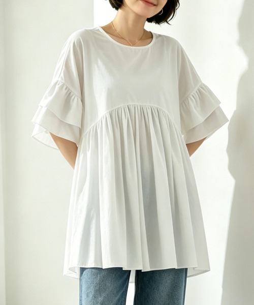 ONEP STAR(ワンピスター)の「フリルスリーブチュニックトップス(Tシャツ/カットソー・レディース・ダークブラウン/グリーン/ホワイト/オレンジ/ブラック・FREE)」の10枚目の写真