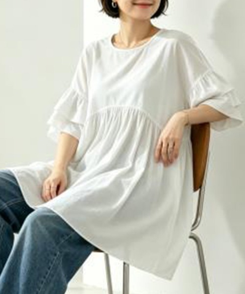ONEP STAR(ワンピスター)の「フリルスリーブチュニックトップス(Tシャツ/カットソー・レディース・ダークブラウン/グリーン/ホワイト/オレンジ/ブラック・FREE)」の11枚目の写真