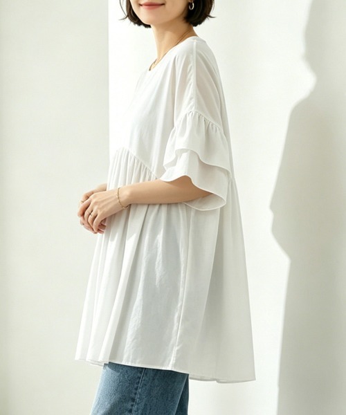 ONEP STAR(ワンピスター)の「フリルスリーブチュニックトップス(Tシャツ/カットソー・レディース・ダークブラウン/グリーン/ホワイト/オレンジ/ブラック・FREE)」の12枚目の写真