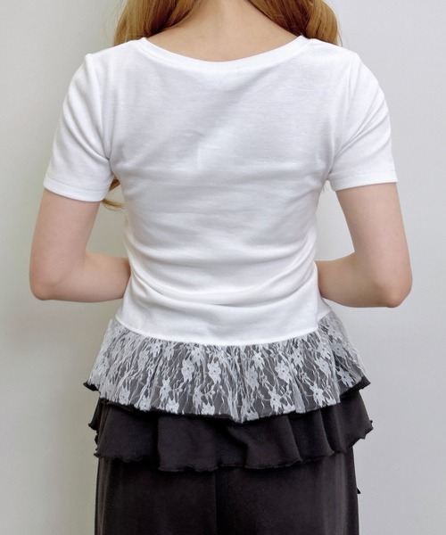 INGNI(イング)の「レースレイヤードラインストーンクロスロゴリブトップス(Tシャツ/カットソー・レディース・ブラック/オフホワイト/グレー・M)」の8枚目の写真