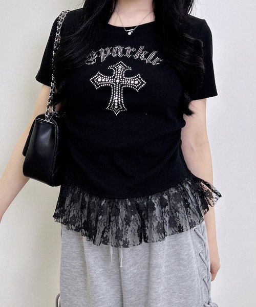 INGNI(イング)の「レースレイヤードラインストーンクロスロゴリブトップス(Tシャツ/カットソー・レディース・ブラック/オフホワイト/グレー・M)」の11枚目の写真