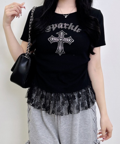 INGNI(イング)の「レースレイヤードラインストーンクロスロゴリブトップス(Tシャツ/カットソー・レディース・ブラック/オフホワイト/グレー・M)」の12枚目の写真