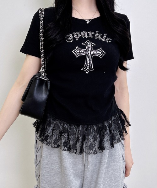 INGNI(イング)の「レースレイヤードラインストーンクロスロゴリブトップス(Tシャツ/カットソー・レディース・ブラック/オフホワイト/グレー・M)」の13枚目の写真