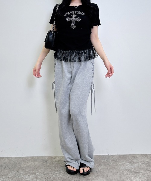 INGNI(イング)の「レースレイヤードラインストーンクロスロゴリブトップス(Tシャツ/カットソー・レディース・ブラック/オフホワイト/グレー・M)」の16枚目の写真