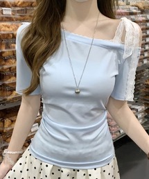 ワンショルダー レース 切替 リボン付き 半袖Tシャツ