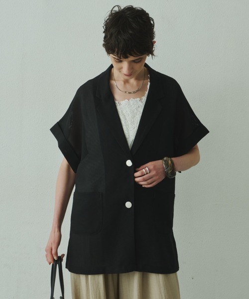 Plumel（プルメル）の「Sheer Mesh French Tailored Gilet / シアーメッシュフレンチテーラードジレ（テーラードジャケット・レディース・ベージュ/ブラック/オフホワイト・MEDIUM）」の9枚目の写真