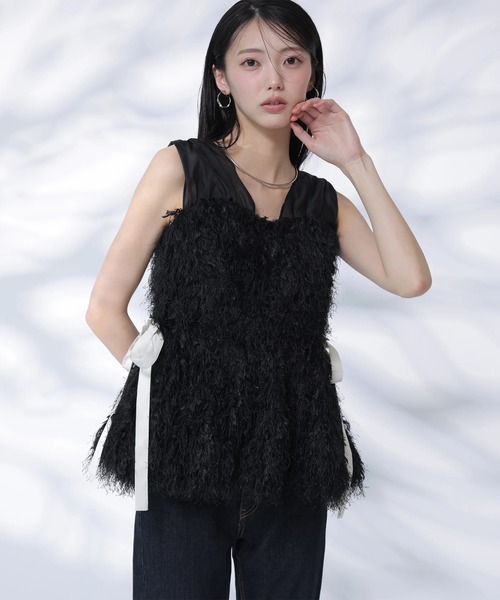 Rirandture(リランドチュール)の「シアーコンビフリンジペプラムトップス(シャツ/ブラウス・レディース・ピンク/ブラック/ホワイト・2/1)」の6枚目の写真