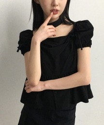 スクエアネック チョーカー風 ギャザー ブラウス