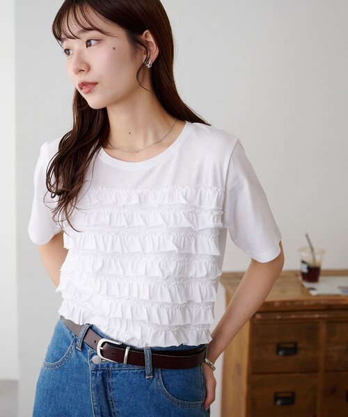 DISCOAT(ディスコート)の「フリルたたきTシャツ(Tシャツ/カットソー・レディース・ブラック/オフホワイト・FREE)」の1枚目の写真
