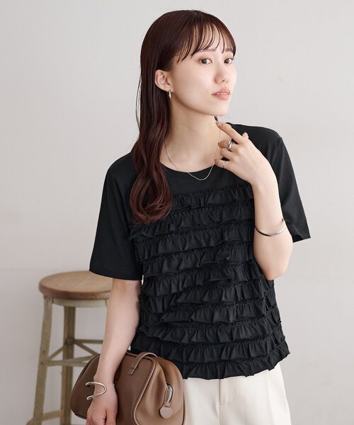 DISCOAT(ディスコート)の「フリルたたきTシャツ(Tシャツ/カットソー・レディース・ブラック/オフホワイト・FREE)」の2枚目の写真