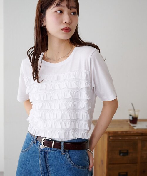 DISCOAT(ディスコート)の「フリルたたきTシャツ(Tシャツ/カットソー・レディース・ブラック/オフホワイト・FREE)」の3枚目の写真