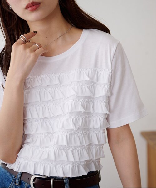 DISCOAT(ディスコート)の「フリルたたきTシャツ(Tシャツ/カットソー・レディース・ブラック/オフホワイト・FREE)」の5枚目の写真