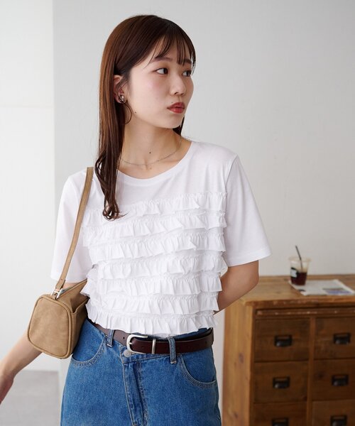 DISCOAT(ディスコート)の「フリルたたきTシャツ(Tシャツ/カットソー・レディース・ブラック/オフホワイト・FREE)」の6枚目の写真