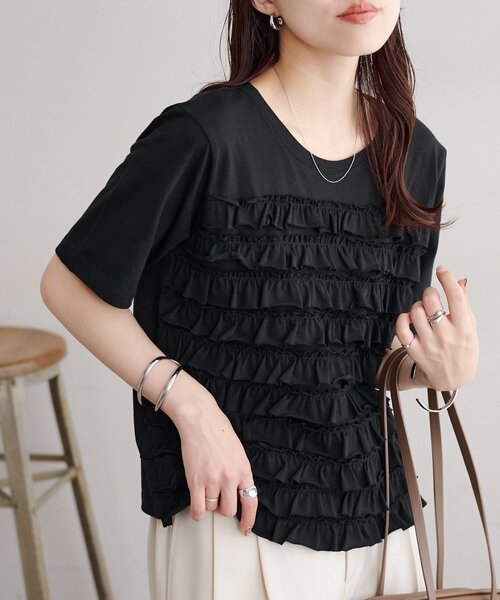 DISCOAT(ディスコート)の「フリルたたきTシャツ(Tシャツ/カットソー・レディース・ブラック/オフホワイト・FREE)」の22枚目の写真