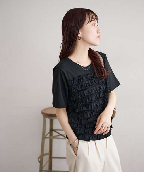 DISCOAT(ディスコート)の「フリルたたきTシャツ(Tシャツ/カットソー・レディース・ブラック/オフホワイト・FREE)」の15枚目の写真