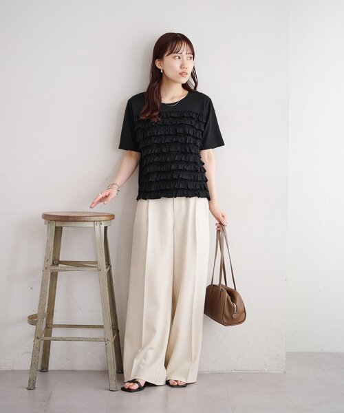 DISCOAT(ディスコート)の「フリルたたきTシャツ(Tシャツ/カットソー・レディース・ブラック/オフホワイト・FREE)」の17枚目の写真