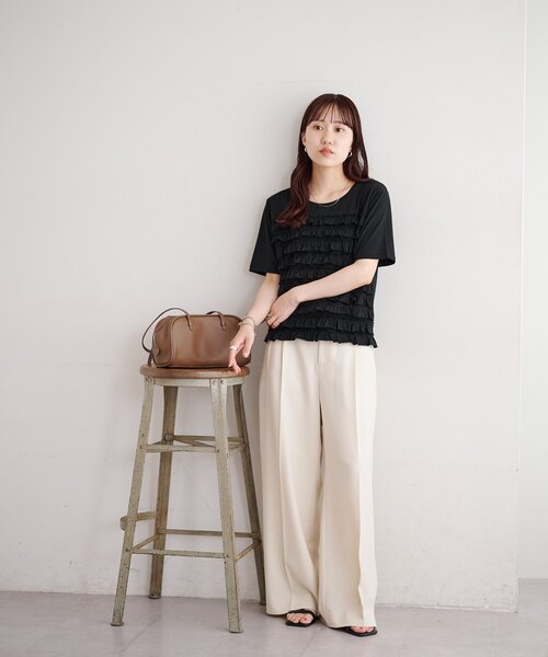 DISCOAT(ディスコート)の「フリルたたきTシャツ(Tシャツ/カットソー・レディース・ブラック/オフホワイト・FREE)」の18枚目の写真