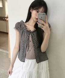 【WEB限定】レイヤード風チェック柄フロントリボンブラウス［骨格ウェーブ／フェミニン／大人可愛い／ガーリー／韓国ファッション］