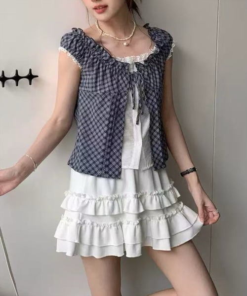STAY MOTION（ステイモーション）の「【WEB限定】レイヤード風チェック柄フロントリボンブラウス［骨格ウェーブ／フェミニン／大人可愛い／ガーリー／韓国ファッション］（シャツ/ブラウス・レディース・ブラウン/ネイビー・F）」の12枚目の写真
