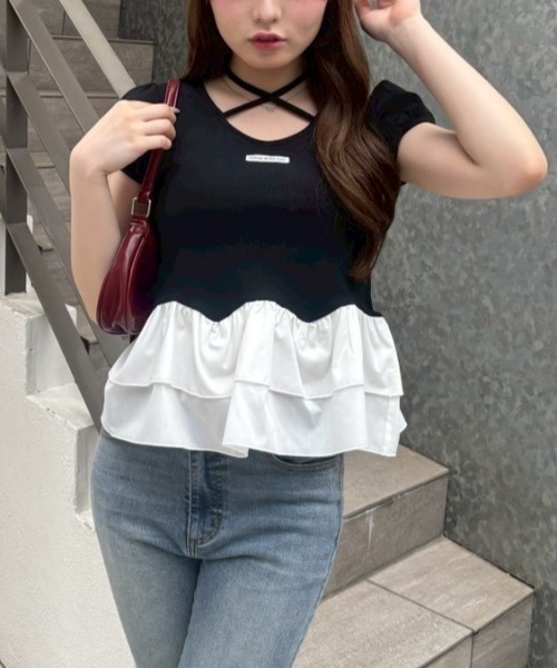 continuer de NICE CLAUP（コンティニューデナイスクラップ）の「フリフリペプラムパフT（Tシャツ/カットソー・レディース・ブラック/オフホワイト/ピンク・FREE）」の4枚目の写真