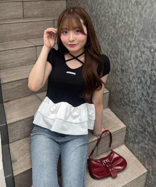 continuer de NICE CLAUP（コンティニューデナイスクラップ）の「フリフリペプラムパフT（Tシャツ/カットソー・レディース・ブラック/オフホワイト/ピンク・FREE）」の6枚目の写真