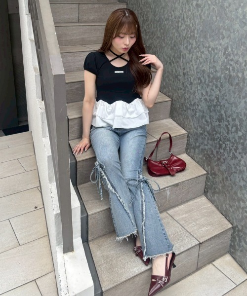 continuer de NICE CLAUP（コンティニューデナイスクラップ）の「フリフリペプラムパフT（Tシャツ/カットソー・レディース・ブラック/オフホワイト/ピンク・FREE）」の8枚目の写真