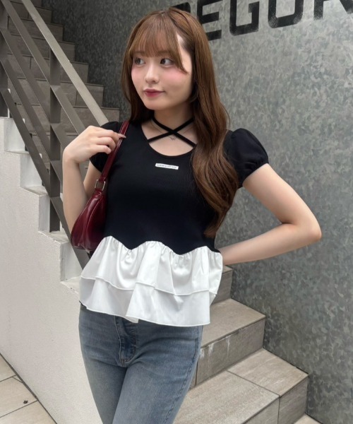 continuer de NICE CLAUP（コンティニューデナイスクラップ）の「フリフリペプラムパフT（Tシャツ/カットソー・レディース・ブラック/オフホワイト/ピンク・FREE）」の9枚目の写真