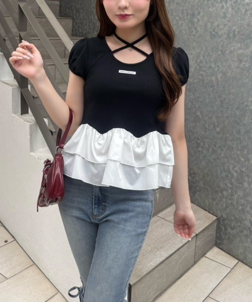continuer de NICE CLAUP（コンティニューデナイスクラップ）の「フリフリペプラムパフT（Tシャツ/カットソー・レディース・ブラック/オフホワイト/ピンク・FREE）」の10枚目の写真
