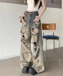 DEVICE（デバイス）の「ダメージ ヴィンテージ加工 ワイド デニム パンツ（デニムパンツ）」