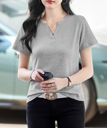 キーネック 半袖カットソー 無地デザイン シンプルトップス デイリーTシャツ