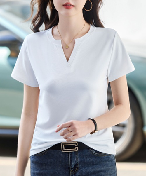 2ly2(トゥーリートゥー)の「キーネック 半袖カットソー 無地デザイン シンプルトップス デイリーTシャツ(Tシャツ/カットソー・レディース・グレー/ホワイト/ブラック・FREE)」の7枚目の写真