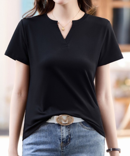 2ly2(トゥーリートゥー)の「キーネック 半袖カットソー 無地デザイン シンプルトップス デイリーTシャツ(Tシャツ/カットソー・レディース・グレー/ホワイト/ブラック・FREE)」の9枚目の写真