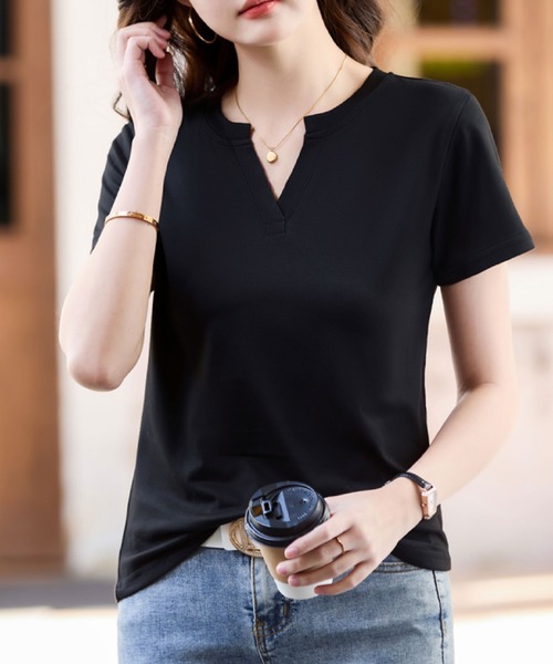 2ly2(トゥーリートゥー)の「キーネック 半袖カットソー 無地デザイン シンプルトップス デイリーTシャツ(Tシャツ/カットソー・レディース・グレー/ホワイト/ブラック・FREE)」の10枚目の写真